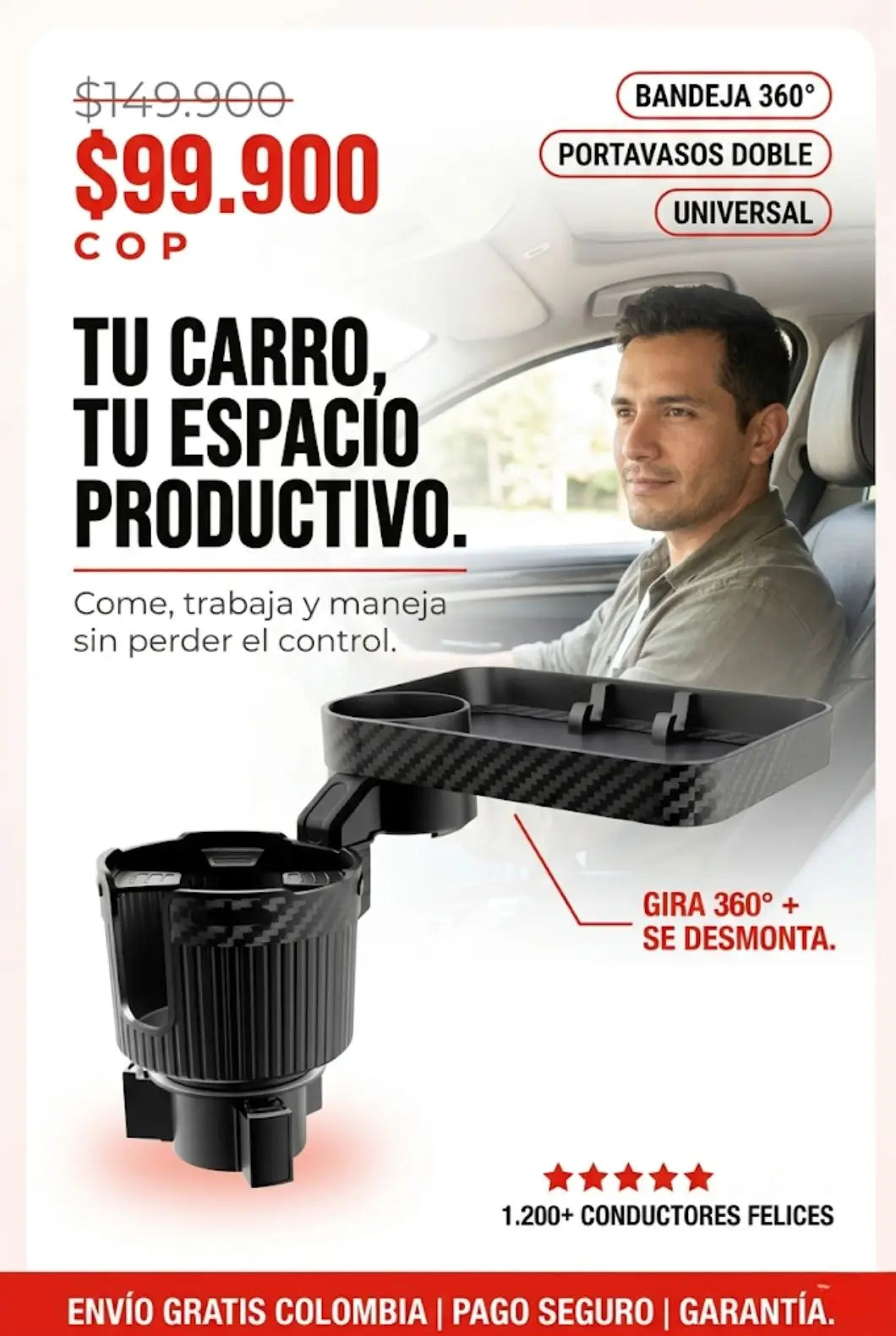 Portavasos Con Bandeja Ajustable 360° Para Carro