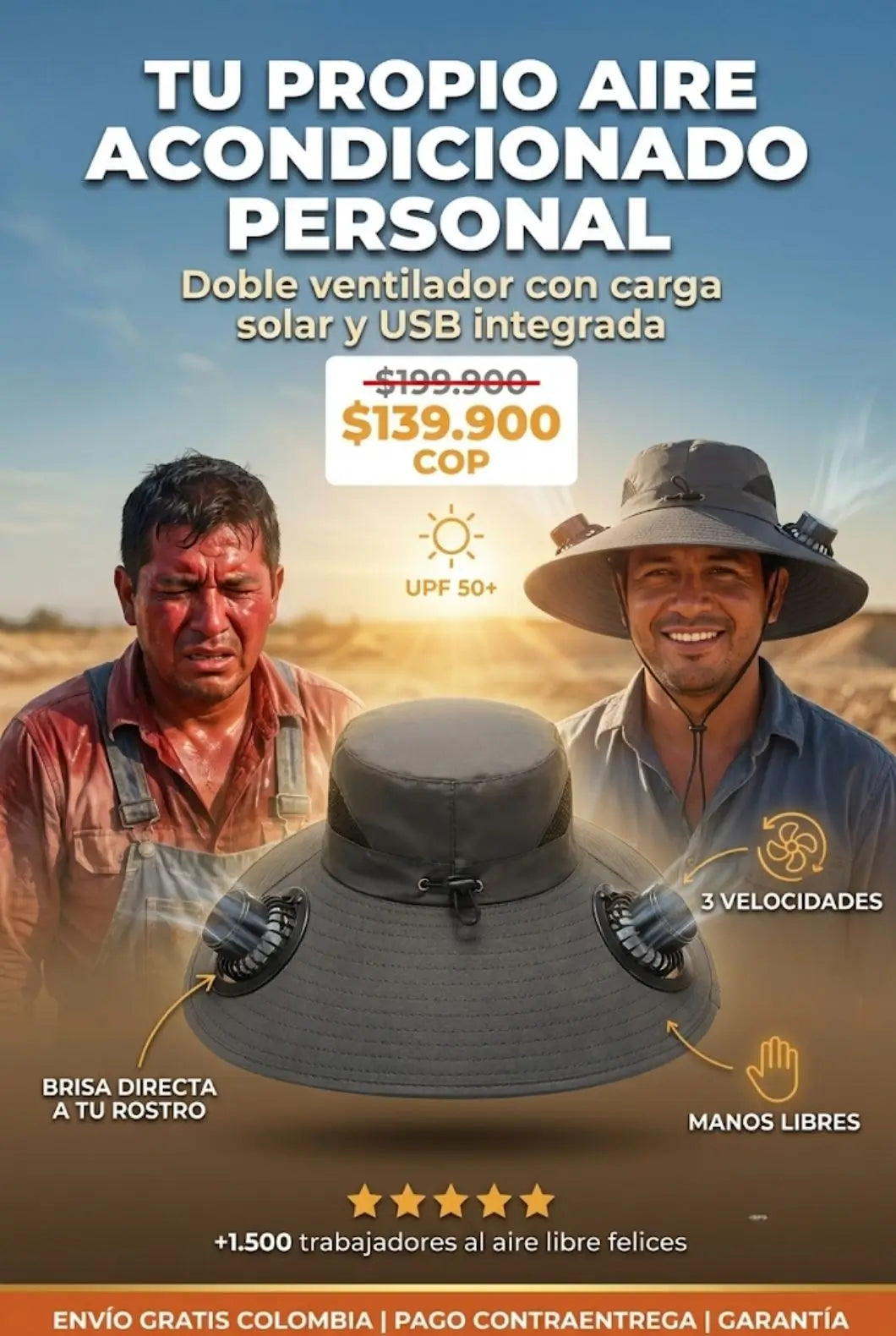 Sombrero de ala ancha con doble ventilador solar y USB